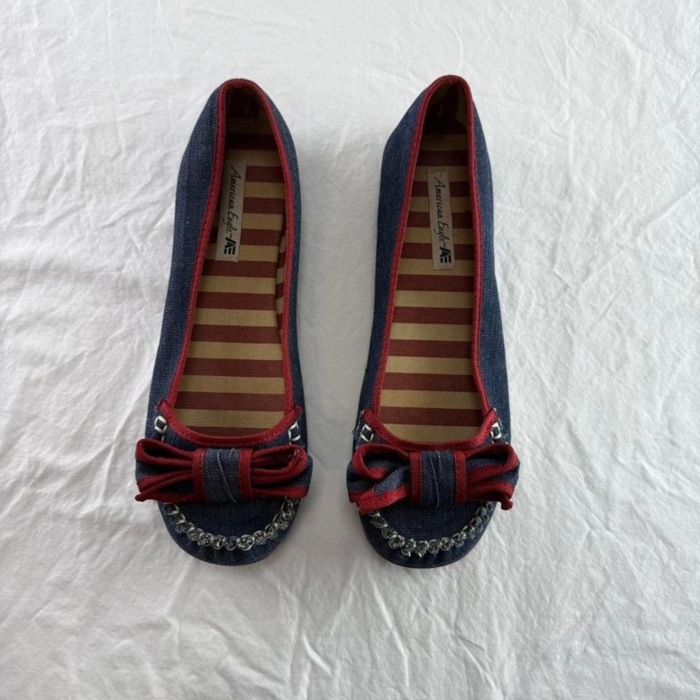 American Eagle Denim Ballet Flats Bow Sz 9.5 Y2k Coquette Ballet School Girl